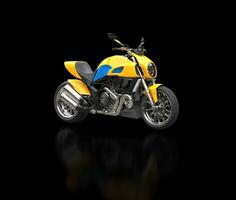 Yellow sports bike with blue details - isolated on black reflective background photo