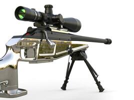 Beautiful chrome modern sniper rifle - closeup shot low angle photo