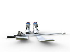 Skis with ski boots - front view on white background, ideal for digital and print design. photo