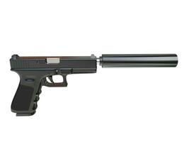 Semi - automatic modern tactical handgun with silencer - side view photo