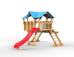 Kids wooden playhouse with red slide and blue roof - isolated on white background - 3D render photo