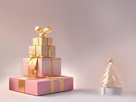 Christmas light background with Stack of beautiful Golden gift box with ribbon. banner template, cards with empty copy space for advertising of store, holiday discounts, New Year's sale. ai generated photo