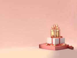 Beautiful red, gold gift box with bow on delicate background with empty copy space for text. flyers, banners, advertising of holiday discounts and sales. Festive sale background. photo