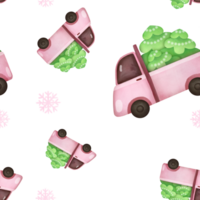 Red pickup truck carrying Xmas tree with snowflakes garland background. watercolor Christmas, New Year seamless pattern with pink car Illustration for greeting card, winter holiday party invitation png