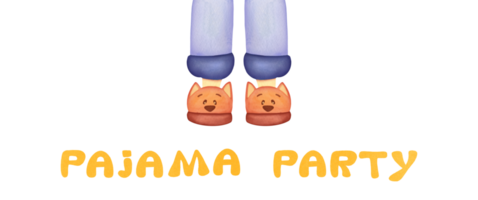 Legs in funny slippers and text Pajama Party on transparent background. slumber illustration cut paper style for kids. invitation to birthday celebration in comfortable shoes and clothes. Good night png