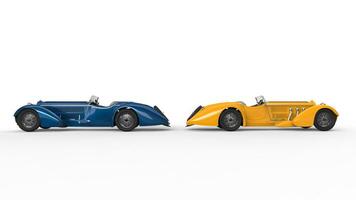 Blue and yellow vintage cars - back to back photo