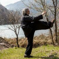 maduro hombre practicando Tai chi disciplina al aire libre foto