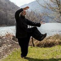 maduro hombre practicando Tai chi disciplina al aire libre foto