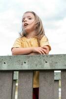 retrato de linda pequeño niña en parte superior de un de madera enviar en un al aire libre parque foto