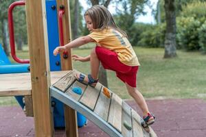 linda pequeño niña tener divertido alpinismo un de madera estructura en un patio de recreo foto