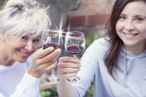 mother and adult daughter tasting wine sitting outdoor photo