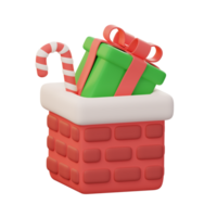 Gift box on Christmas chimney. 3D Christmas decoration elements. png