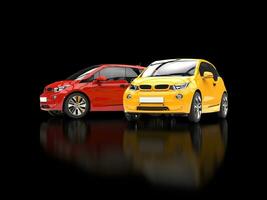 Red and yellow small economic cars - on black reflective background photo