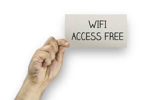 WiFi Access Free. Man showing or holding card with free wi fi text. Isolated photo