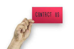 Contact us. Hand showing or holding card with text photo