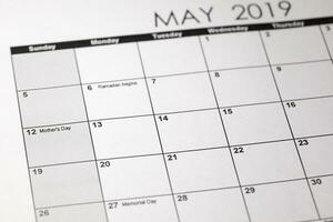 Concept image of a Calendar photo with selective focus on Mother s Day day 12 May 2019.