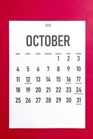 octubre 2020 calendario con Días festivos foto