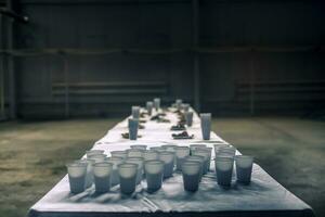 Snacks for drinking beer. Table served with plastic cups and bowls of appetizing croutons. photo