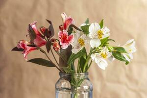 Woman holds up a glass jar of beautiful colorful spring flowers photo