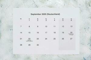 Monatskalender September 2020. Translation Monthly September 2020 calendar photo