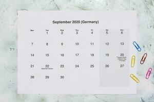 Monatskalender September 2020. Translation Monthly September 2020 calendar photo