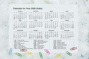 2020 yearly calendar with Indian national holidays photo