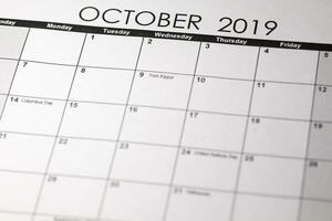 Simple October 2019 calendar. Week starts from Sunday. photo
