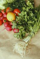 sano comida antecedentes. surtido de Fresco vegetales en papel antecedentes foto