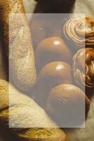 Food concept. Different type breads. Top view. Free space for text photo