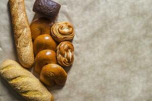 Food concept. Different type breads. Top view. Free space for text photo