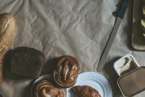 Food concept. Different type breads. Top view. Free space for text photo