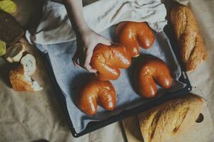 Food concept. Different type breads. Top view. Free space for text photo