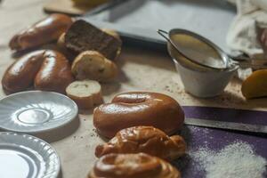 Food concept. Different type breads. Top view. Free space for text photo