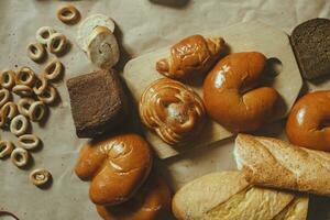 Food concept. Different type breads. Top view. Free space for text photo