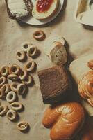 Food concept. Different type breads. Top view. Free space for text photo