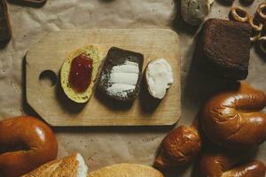 Food concept. Different type breads. Top view. Free space for text photo