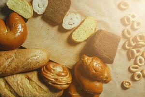 Food concept. Different type breads. Top view. Free space for text photo