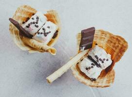 Delicious waffle with ice-cream. Summer food concept. Top view of yummy ice cream photo
