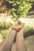 Young woman holding delicious ice cream with waffle during a picnic at nature. Summer food concept. Young adult eating yummy ice cream with a stick on a bright summer day. photo