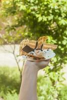 joven mujer participación delicioso hielo crema con gofre durante un picnic a naturaleza. verano comida concepto. joven adulto comiendo sabroso hielo crema con un palo en un brillante verano día. foto