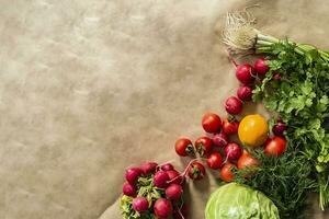 Healthy food background. Assortment of fresh vegetables on paper background photo