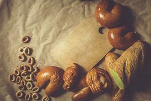 Food concept. Different type breads. Top view. Free space for text photo