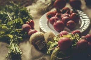 Healthy food background. Assortment of fresh vegetables on paper background photo