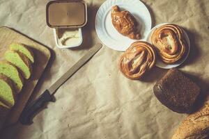 Food concept. Different type breads. Top view. Free space for text photo