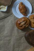 Food concept. Different type breads. Top view. Free space for text photo