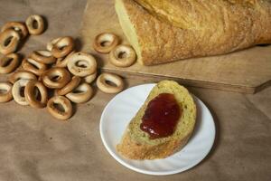 Food concept. Different type breads. Top view. Free space for text photo