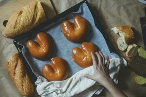 Food concept. Different type breads. Top view. Free space for text photo