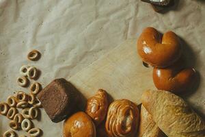 Food concept. Different type breads. Top view. Free space for text photo
