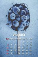 August calendar. Stack of frozen sweet cherries with August month calendar. Summer photo