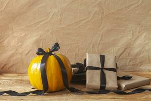 celebrando Víspera de Todos los Santos. naranja y negro calabazas con decorado regalo cajas foto